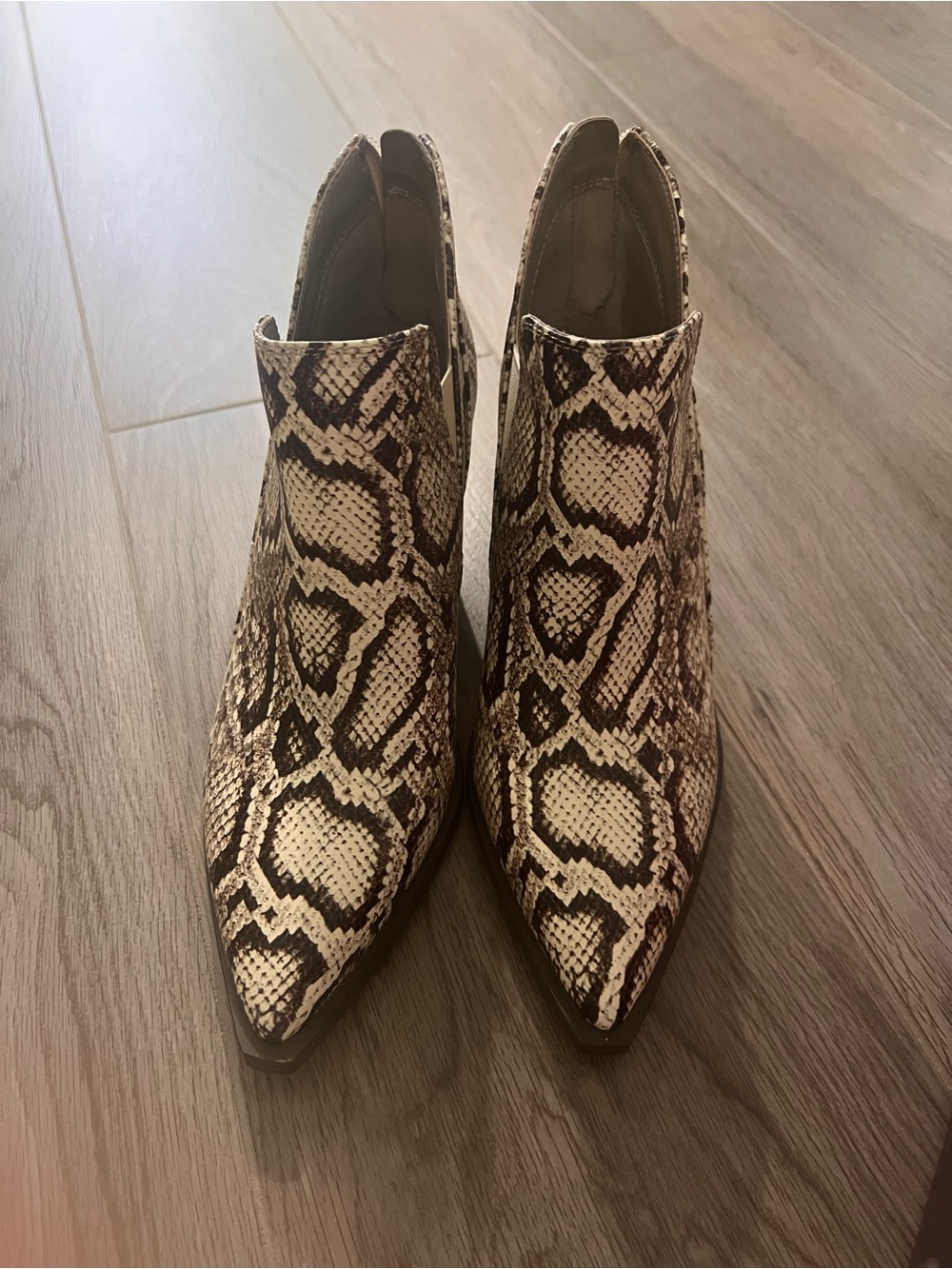 Vince Camuto Snake-Print Pointed Toe Ankle Booties - Brown/Cream